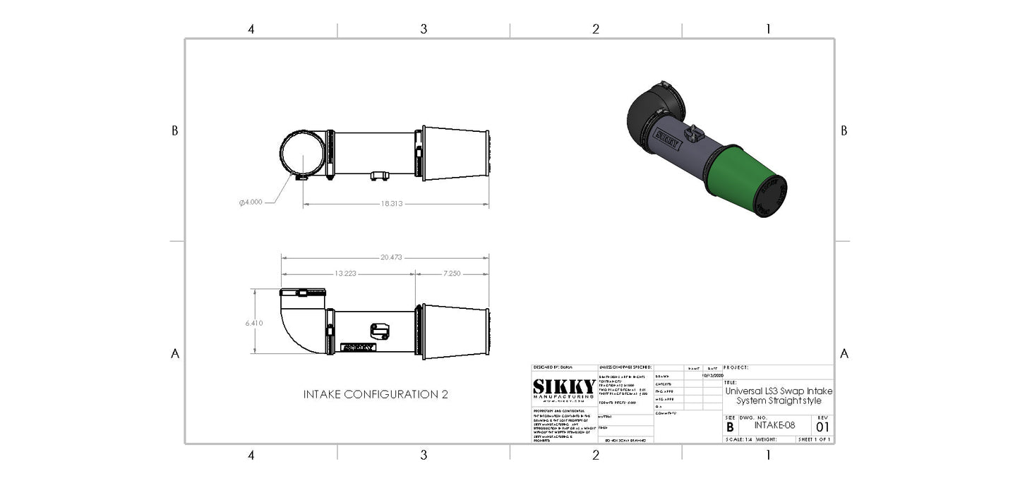 Sikky Manufacturing - 汎用 LS3スワップ エアインテーク システム - ストレートデザイン (SM-Intake-08)