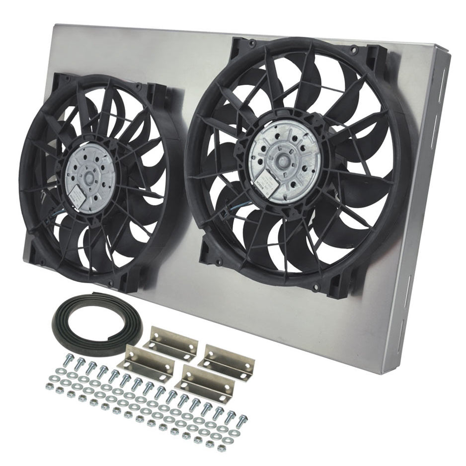 Derale HO ラジエーター デュアル 12 インチ電動ファン - プル - 4000 CFM - 12V - カーブブレード - 26-3/8 x 16 インチ - 厚さ 4 インチ - アルミニウムシュラウド