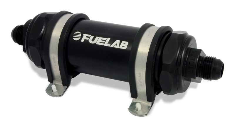 Fuelab 828 インライン燃料フィルター ロングタイプ -6AN イン/アウト 10ミクロン ファブリック - ブラック