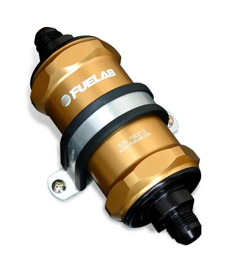 Fuelab 818 インライン燃料フィルター スタンダード -6ANイン/アウト 10ミクロン ファブリックエレメント - ゴールド
