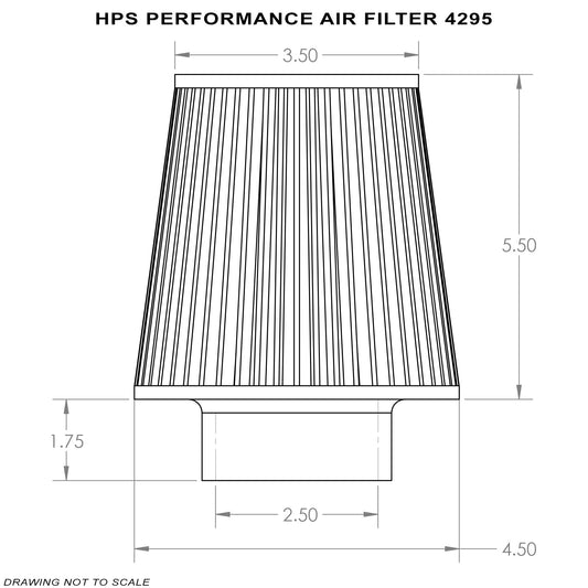 HPS エア フィルター 内径 2.5インチ(63mm)、ベース 4.5インチ(114mm)、トップ 3.5インチ(89mm)、全長 7.25インチ(184mm)