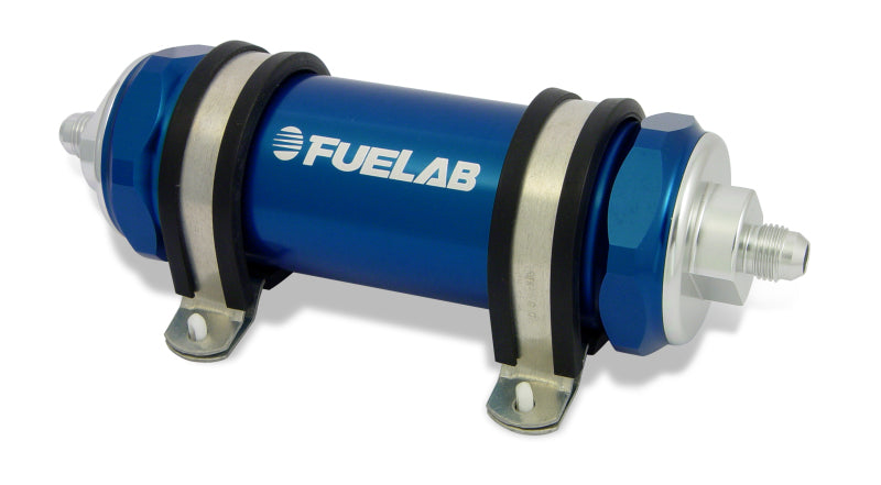 Fuelab 828 インライン燃料フィルター ロングタイプ -6AN イン/アウト 10ミクロン ファブリック - ブルー