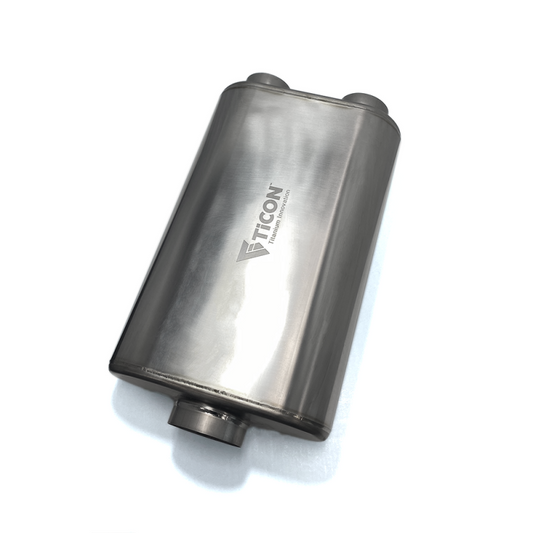 Ticon チタン 薄型オーバルマフラー センターイン/デュアルアウト 入口3インチ(約76mm) 出口2.5インチ(約64mm)x2 全長17インチ(約432mm) マット仕上げ