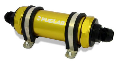 Fuelab 828 インライン燃料フィルター ロングタイプ -6AN イン/アウト 10ミクロン ファブリック ゴールド