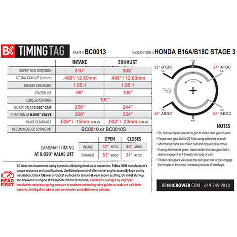 Brian Crower ステージ 3 カムシャフト |複数の Acura/Honda 適合品 (BC0013)