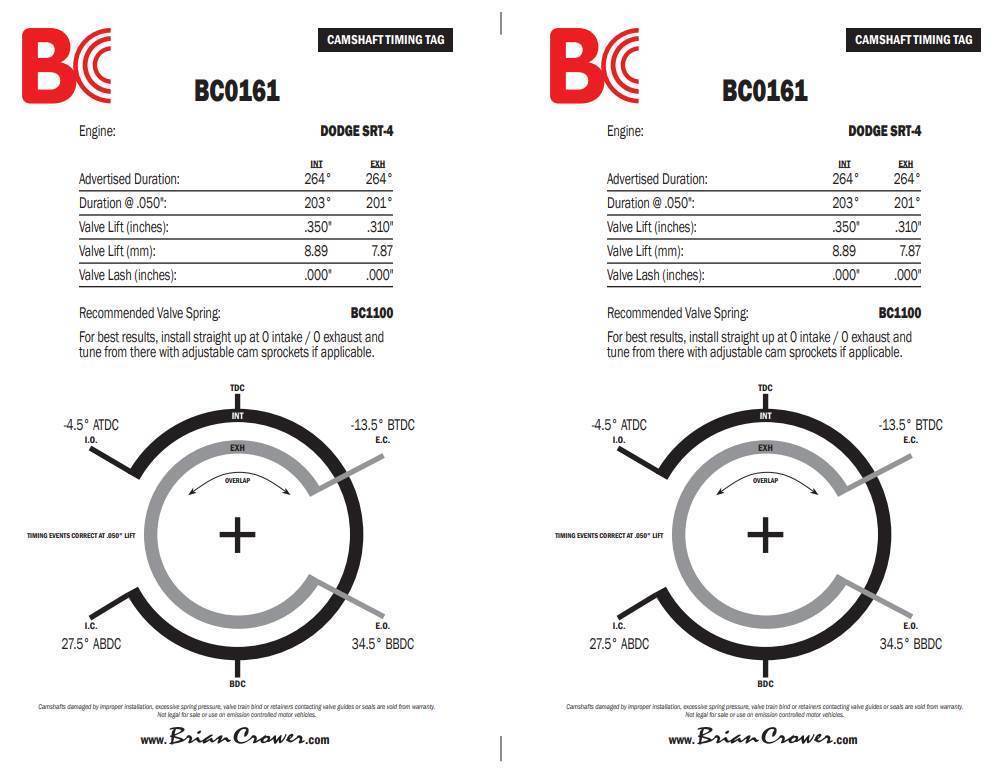 Brian Crower ステージ 2 カムシャフト | 2003-2005 ダッジ ネオン SRT-4 (BC0161)
