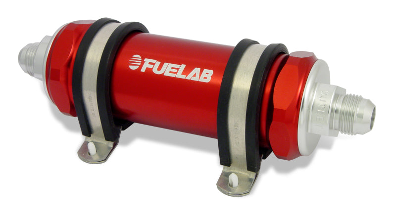 Fuelab 828 インライン燃料フィルター ロング -8AN イン/アウト 10ミクロン ファブリック - レッド