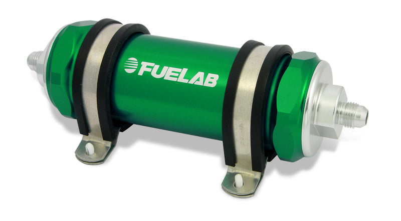 Fuelab 828 インライン燃料フィルター ロング -6AN イン/アウト 10ミクロン ファブリック - グリーン